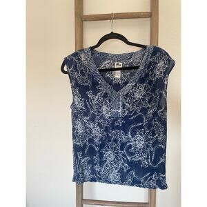John Robshaw x Lucky Navy Floral Sheer Cotton Tank Womens S